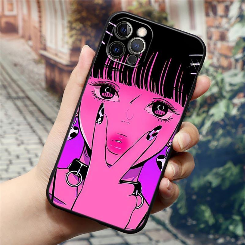 Super Cute Girl Anime Phone Case for iPhone14 13 12 11 PM Pro Max 8 7 SE XR XS Plus Black Soft Silicon Cover Fundas Coques Shell