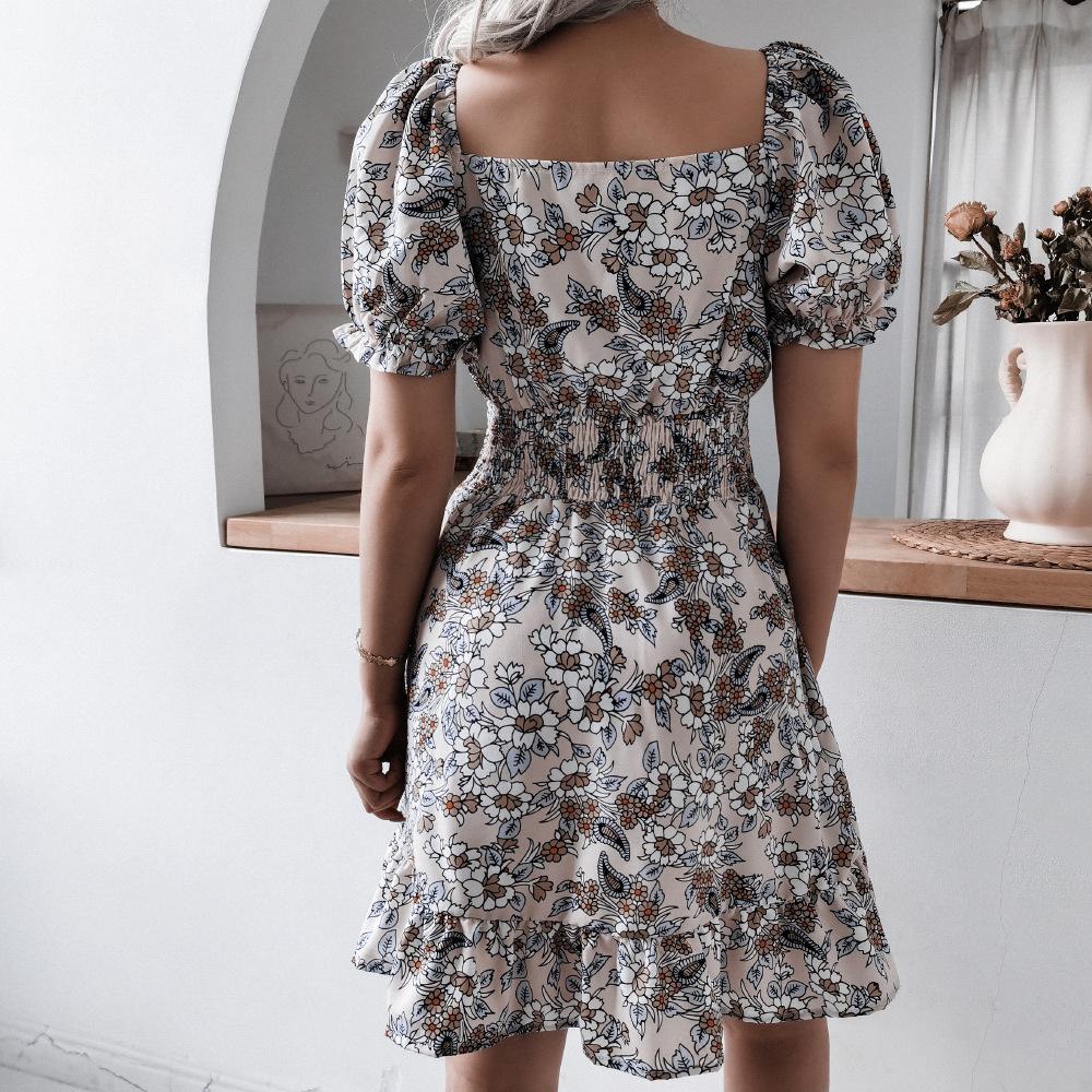 GMXIA Casual Square Collar Lantern Sleeve Floral Casual Ruffled Dress for Women
