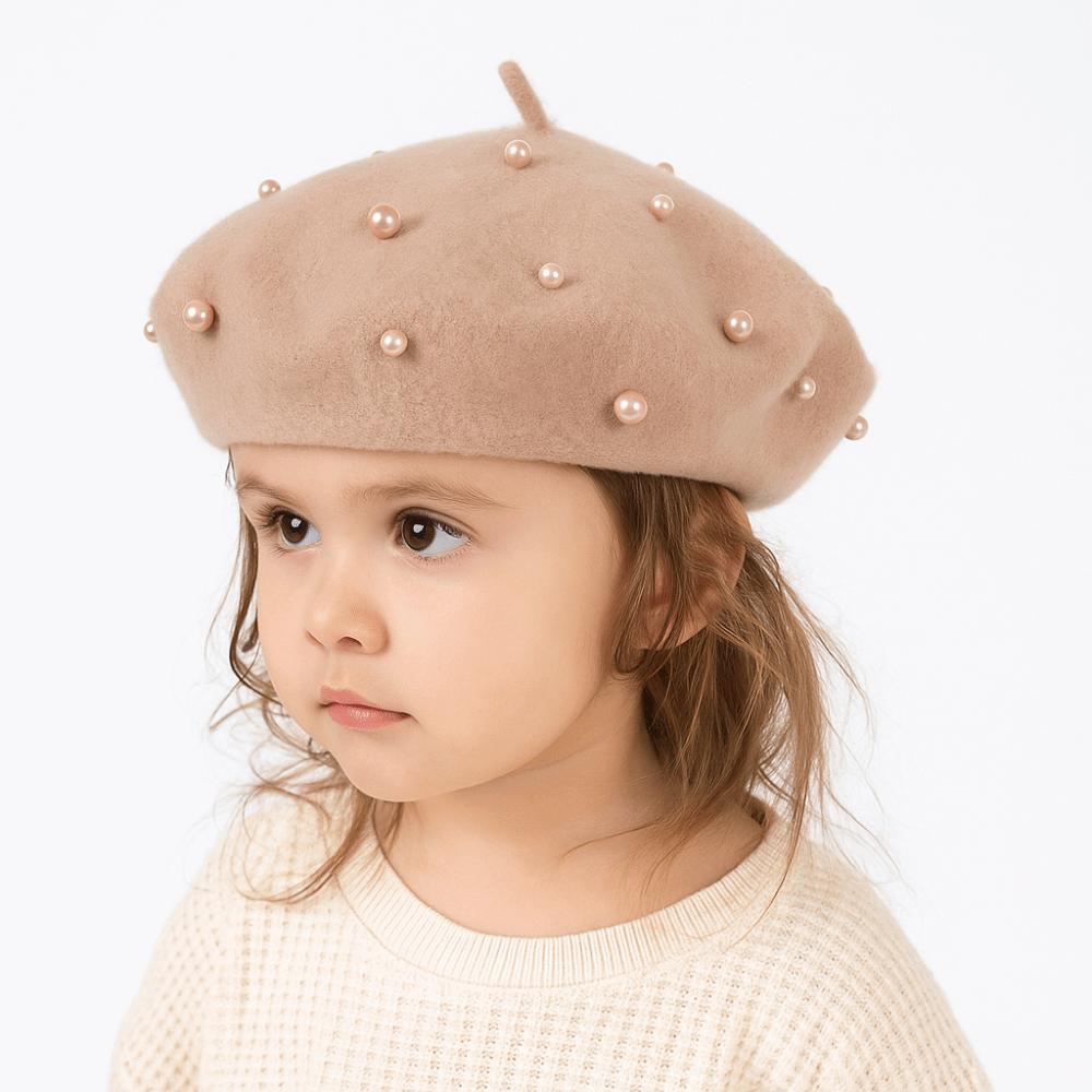 Solid Color Children's Beret Pearl Painter Hat Fashion Baby Wool Hat Kid