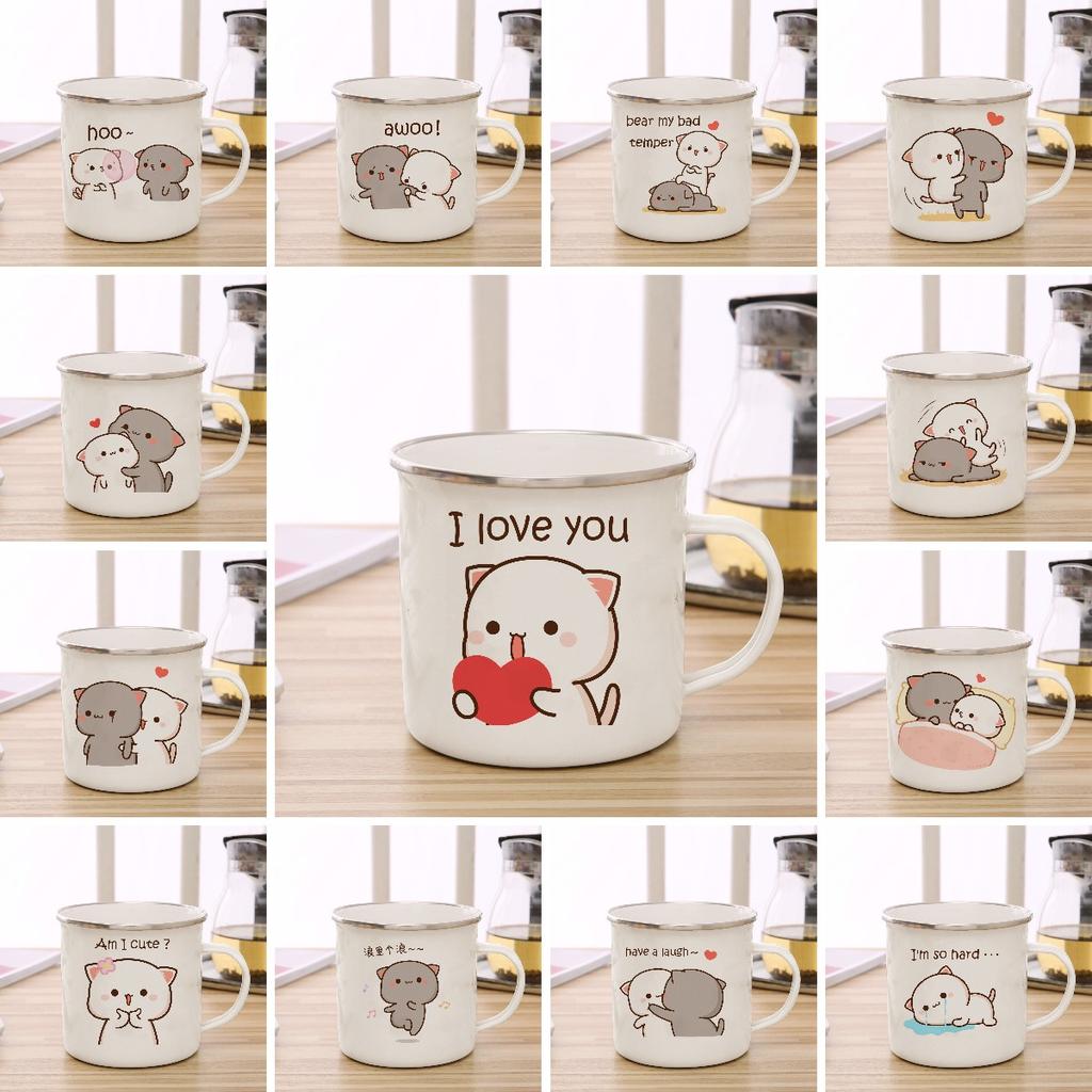 Peach and Goma Cat Enamel Coffee Tea Cup Cute Animal Breakfast Dessert Milk Water Cup Couple Gift