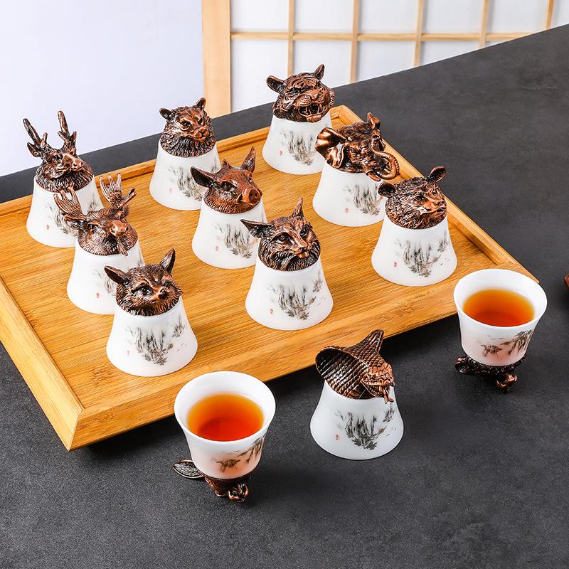 Direct Sales Twelve Zodiac Wine Glasses Baijiu Cup Spirits Cup One Cup Light Luxury Ceramic Wine Dispenser Gift Box Set