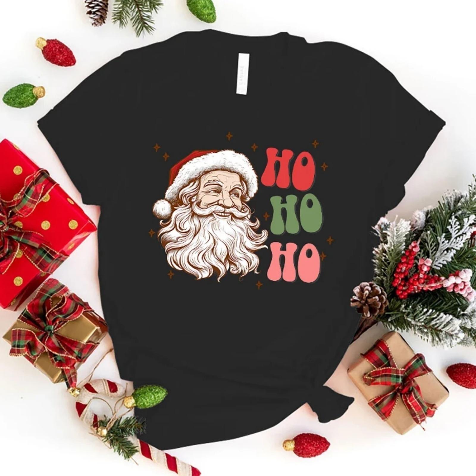 New Christmas Hohoho Santa Claus Print T Shirts Women Men Casual Round Neck Tees Top Cool Loose Short Sleeve S