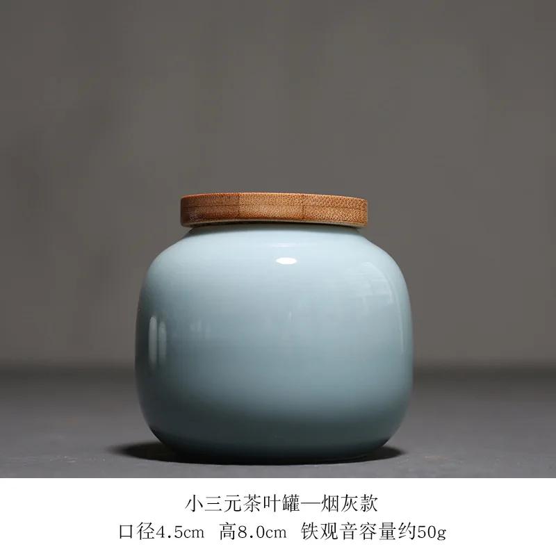 Solid Color Ceramic Tea Can with Bamboo Lid Portable Travel Storage Box Sealed Coffee Candy Jar Decoration Mini Jar Home Decor