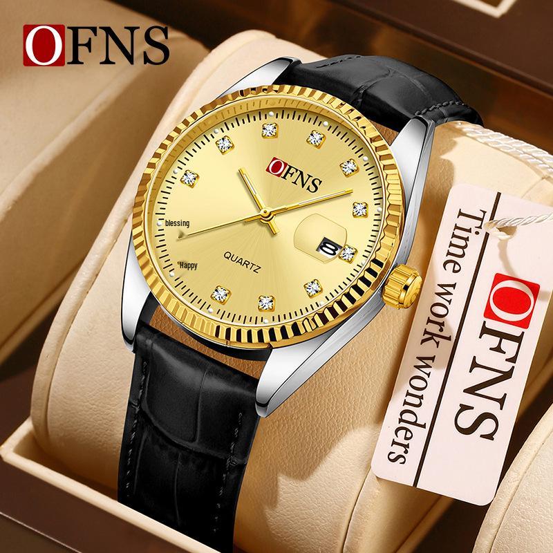Oufanni Unisex Luminous Quartz Watch with Sunburst Dial and Waterproof Leather-Steel Band.
