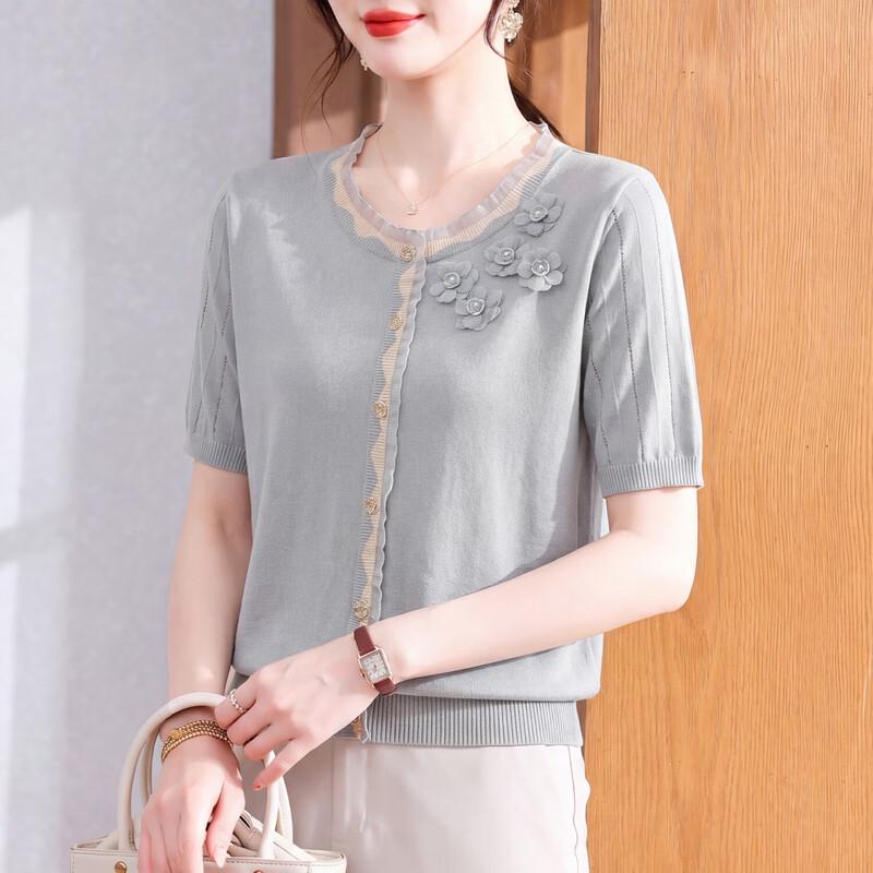 Xuexi 2026 Summer Ice Silk Knit Short Sleeve Top for Middle-Aged Women XL