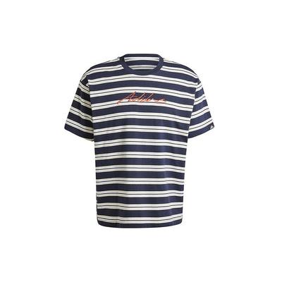Embroidered Letter Stripe Crew Neck Casual Pullover Short Sleeve T-Shirt Men Tops Blue IN6483