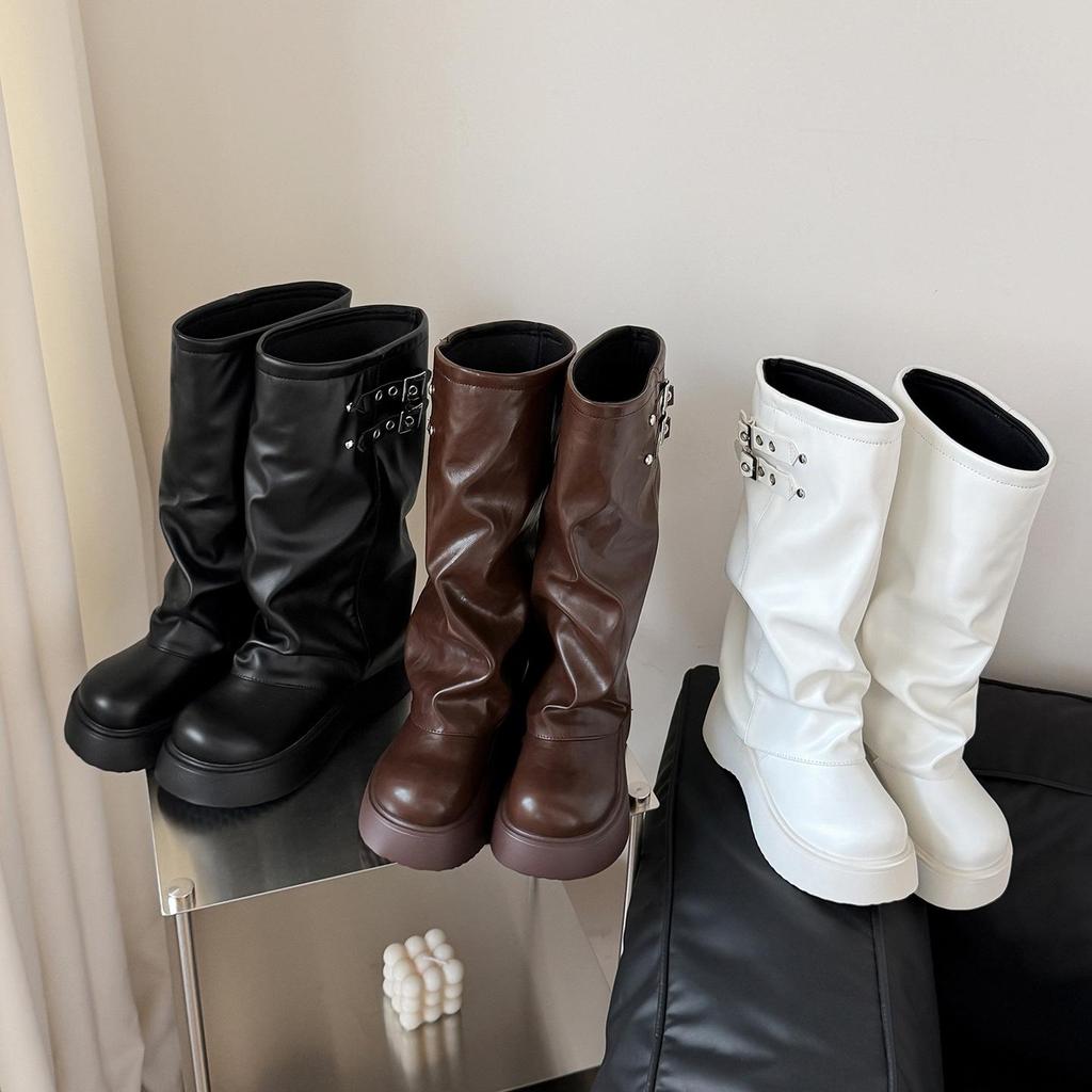 Women's Knee-High Platform Boots with Thick Soles, Height-Increasing Ruched Design, Martin Style, Sizes 34-45.
