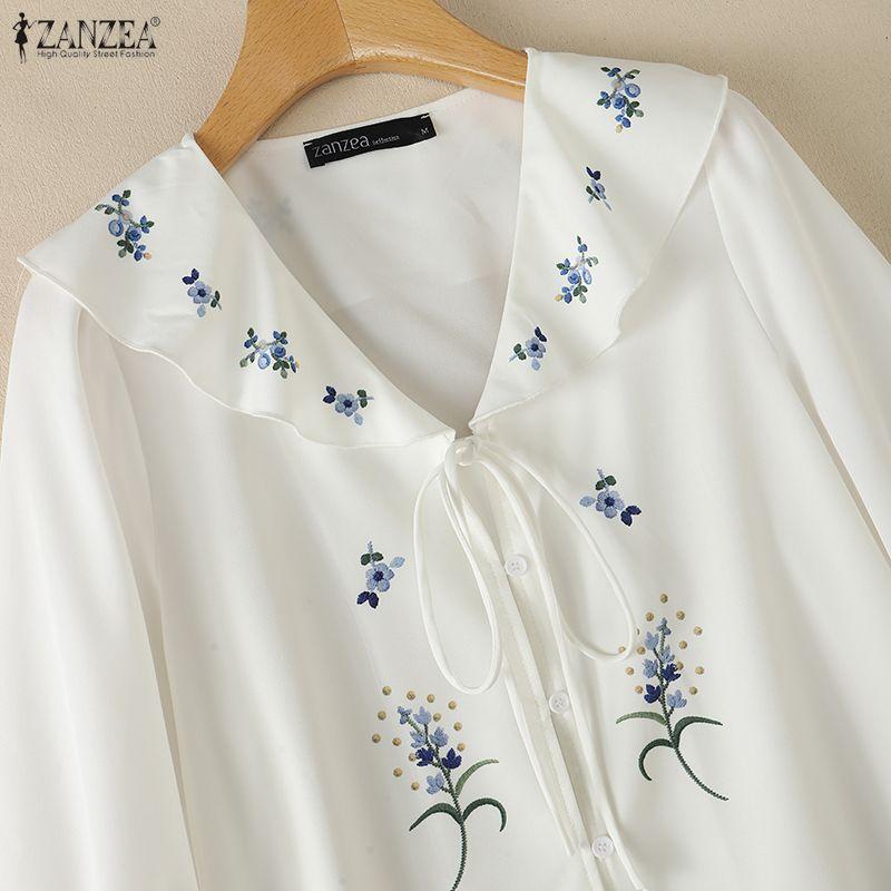 ZANZEA Women Ruffles V-Neck Loose Casual 3/4 Sleeve Floral Print Blouse