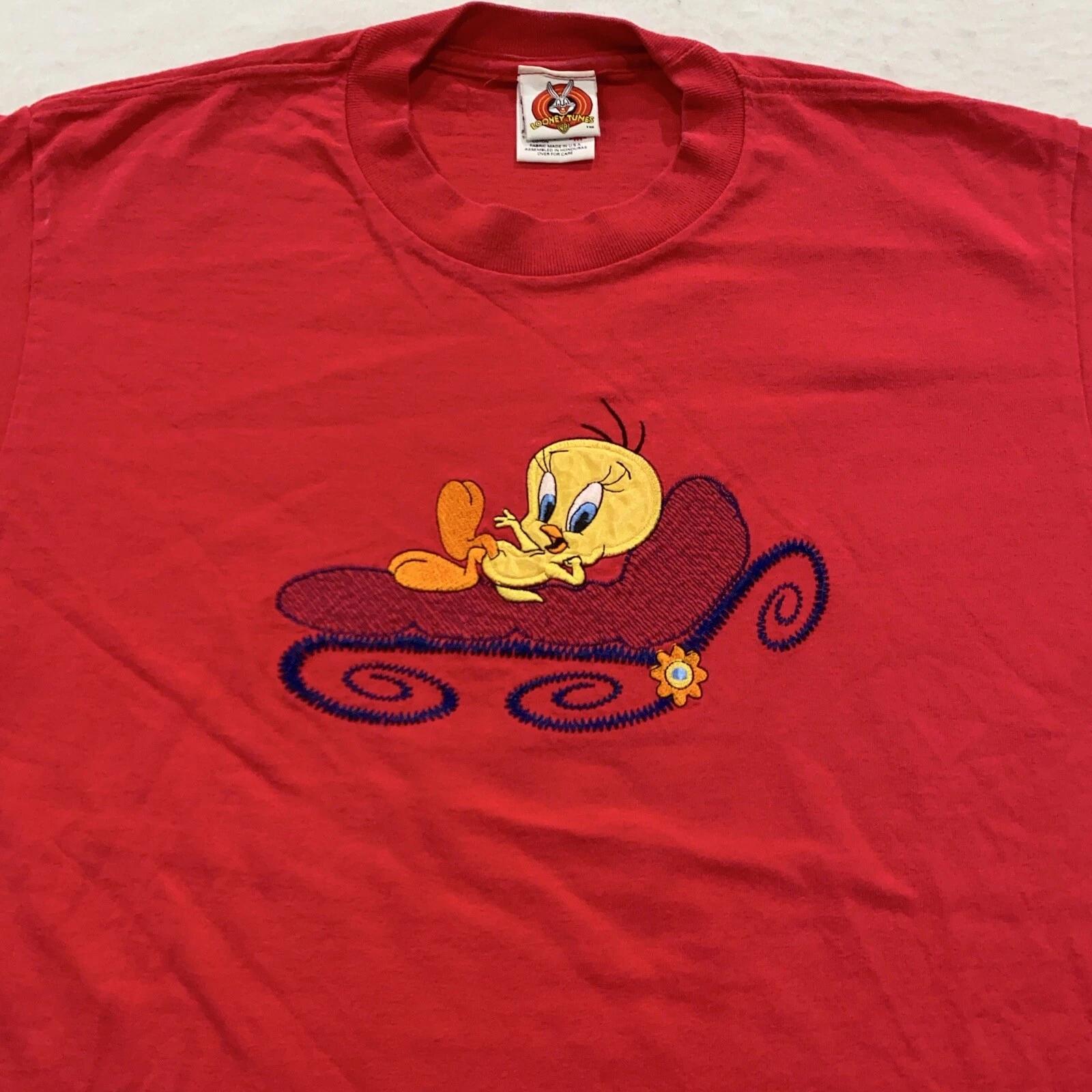 

vintage 90s TWEETY BIRD EMBROIDERED T-Shirt MEDIUM looney tunes cartoon soft XL