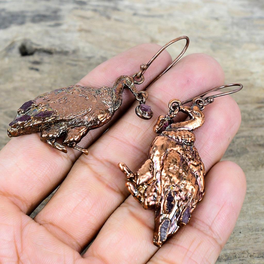 Pink Tourmaline Rough Gemstone Earring Electroformed Copper Earring Peacock Earrings Copper Jewelry Gifts for Mom Handmade Brand New Earring