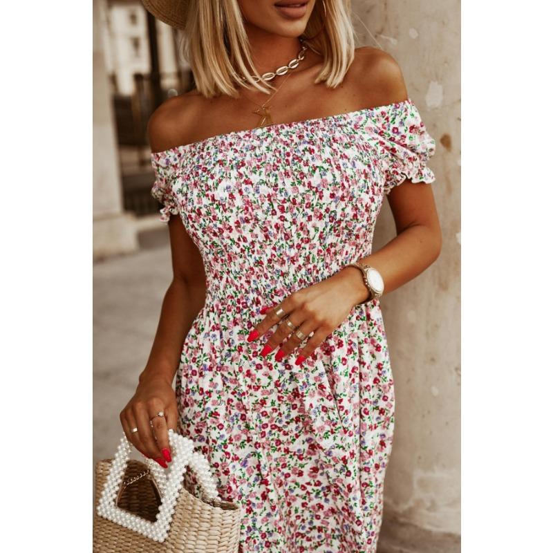 Fashion Floral Short Sleeve Off Shoulder Printed Women Dress Elegant Loose Casual Simple A-line Sweet Dresses Party Slim Waist Women's Clothing
