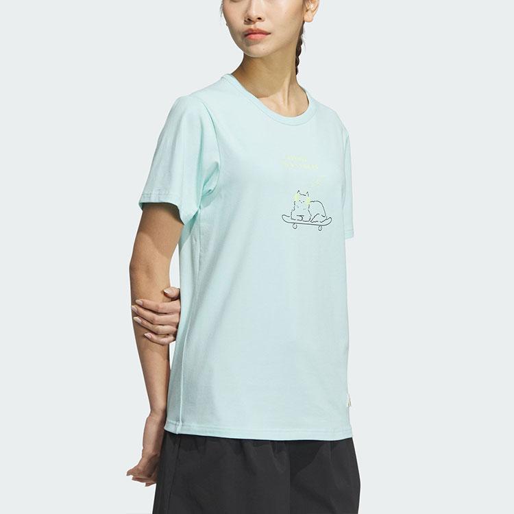 Adidas Graphic Anime Print Straight Cut Crew Neck T-Shirt Women Tops Light-Blue JN6661