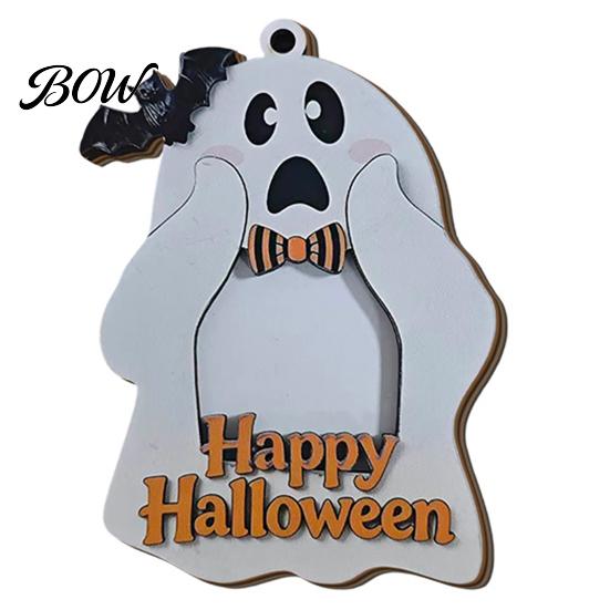 Family Photo Display Frame Halloween Cute Ghost Wooden with Hanging Rope, Creative Handcrafted Wood Holder Picture for Holiday Party Decor And