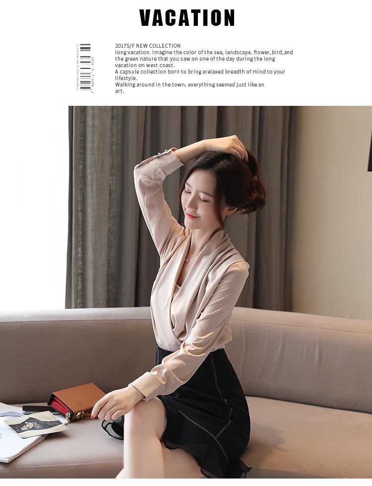 Damen 2025 Koreanischer Stil V-Ausschnitt Schlankmachendes Satin Chiffon Langarm Oberteil