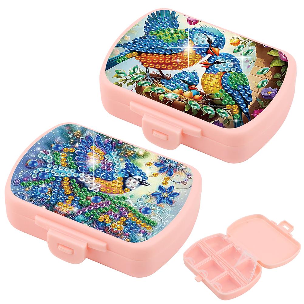 2Pcs DIY Animal Pattern Portable Crystal Pill Dispenser 6 Grid Diamond Painting Dot Pill Box Moisture-Proof for Adults Beginners
