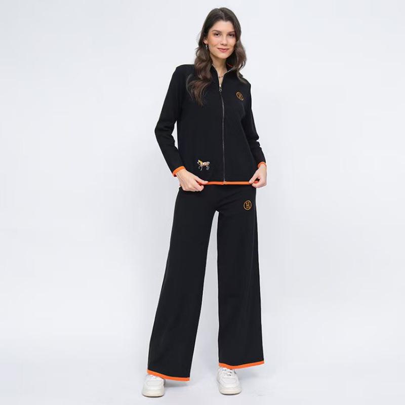 European-American Prancing Horse Embroidery Color Block Knit Outerwear & Pants Set