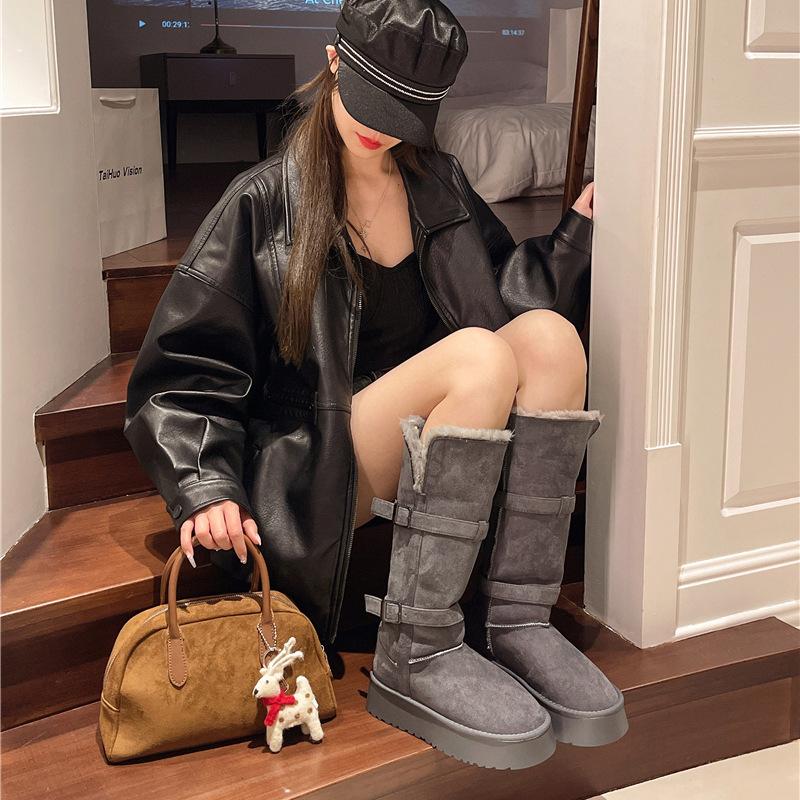 Gray long snow boots women's 2025 winter new thick-soled heightening piled thickened short tube Northeast snow cotton shoes