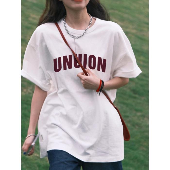 Pure cotton American simple letter print white short-sleeved t-shirt women s summer loose oversize half-sleeved top S