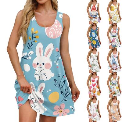 Robe d'été décontractée à col carré pour femme, imprimé de Pâques, sans manches, avec poches