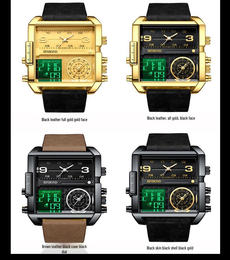 Binbang Fashion Men's Domineering Quartz Watch with Large Square Dial and Triple Display