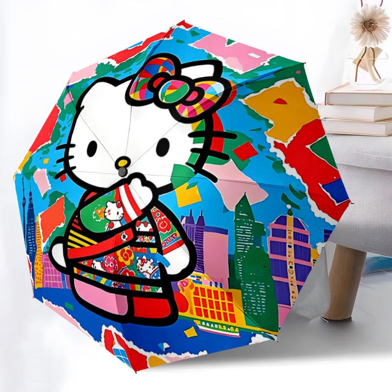 

1pc Hello Kitty Kimono with Automatic Opening Umbrella - Portable Three-Fold Design, 8-Bone Iron Frame Outdoor Umbrella, Ideal Gift for Fans, Traveler