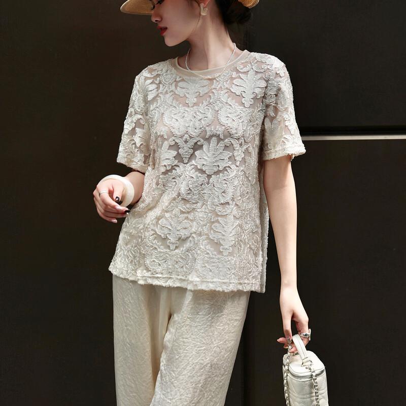 Lancer 2026 Summer Jacquard Flocked Breathable Short Sleeve T-shirt S бежевый