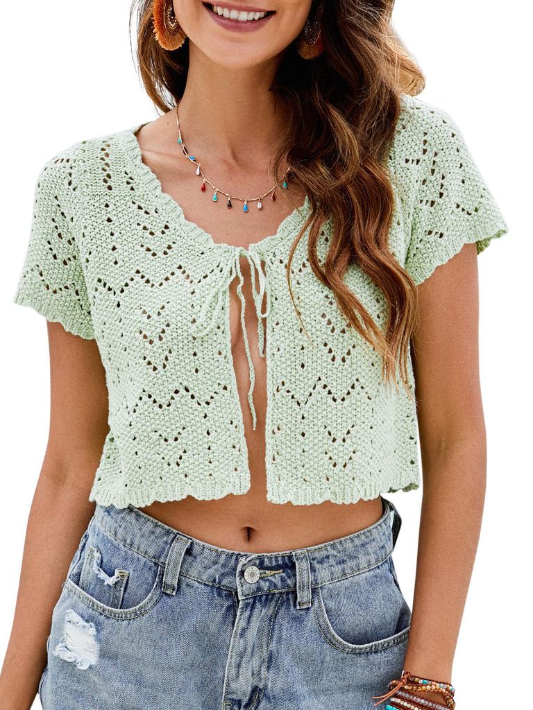 Dámský zkrácený kardigan s výstřihem do V, krátkým rukávem, s krajkovým vzorem, pletený, krátký, ležérní top