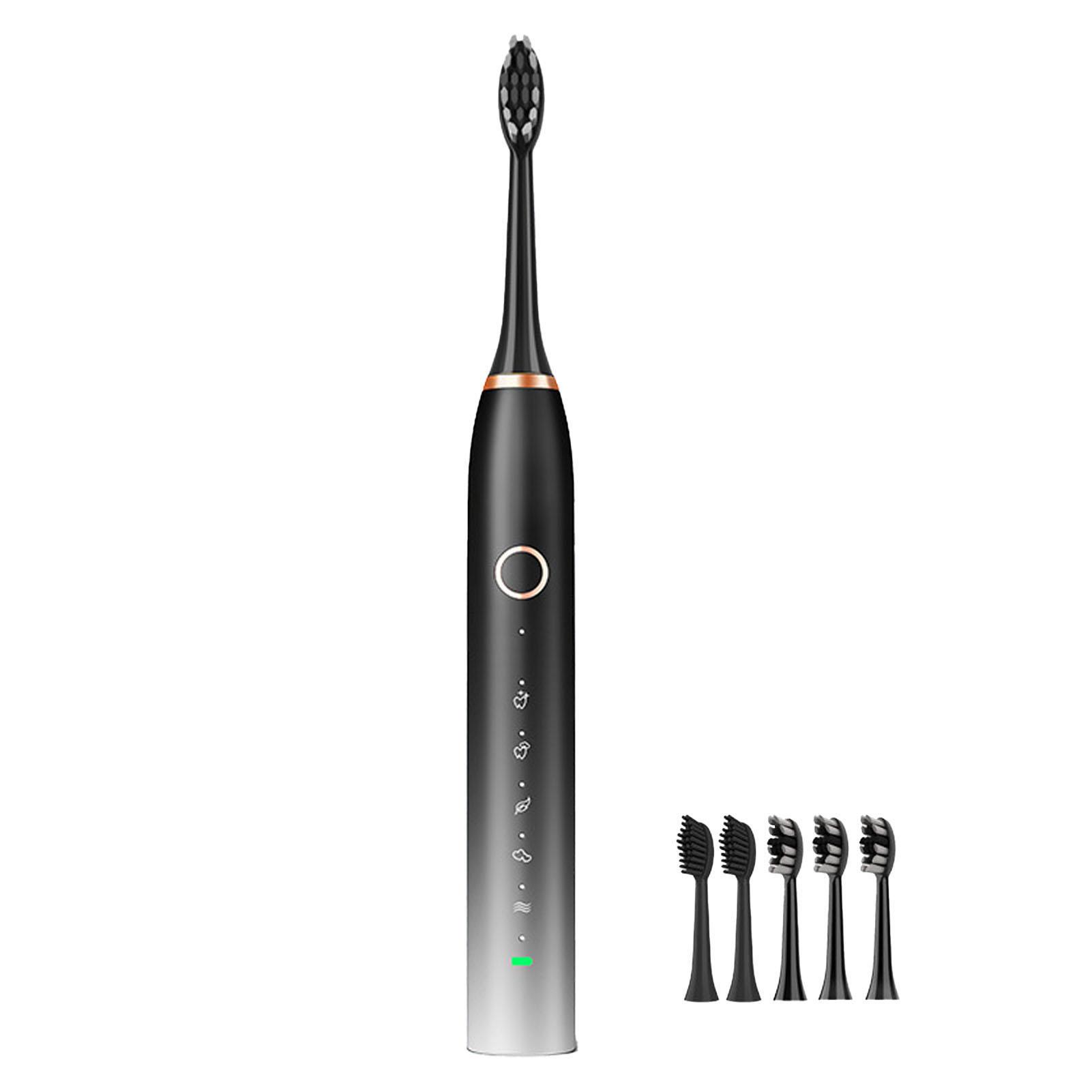 

Электрическая зубная щетка IPX7 Водонепроницаемая USB-аккумуляторная зубная щетка с 5 головками для домашней семьи чёрный