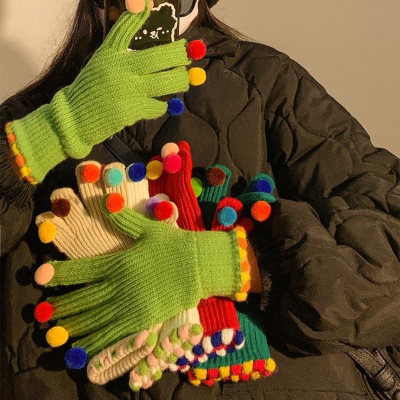 Colorful Ball Gloves for Women in Winter Cute Small Ball Touch Screen Exposed Fingers for Warmth Five Fingers for Cycling Warmth