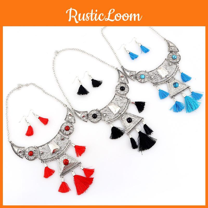 Ethnic Simulation Style Gemstone Decoration Women Necklace With Tassel Design