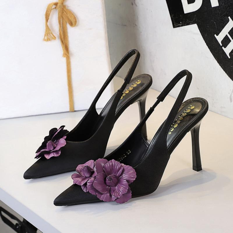 Fashion European Banquet Hollowed-Out Tripod Strap Pointed Toe Slim Heels High Heels Color-Blocked Flowers Light Mouth Single Shoes