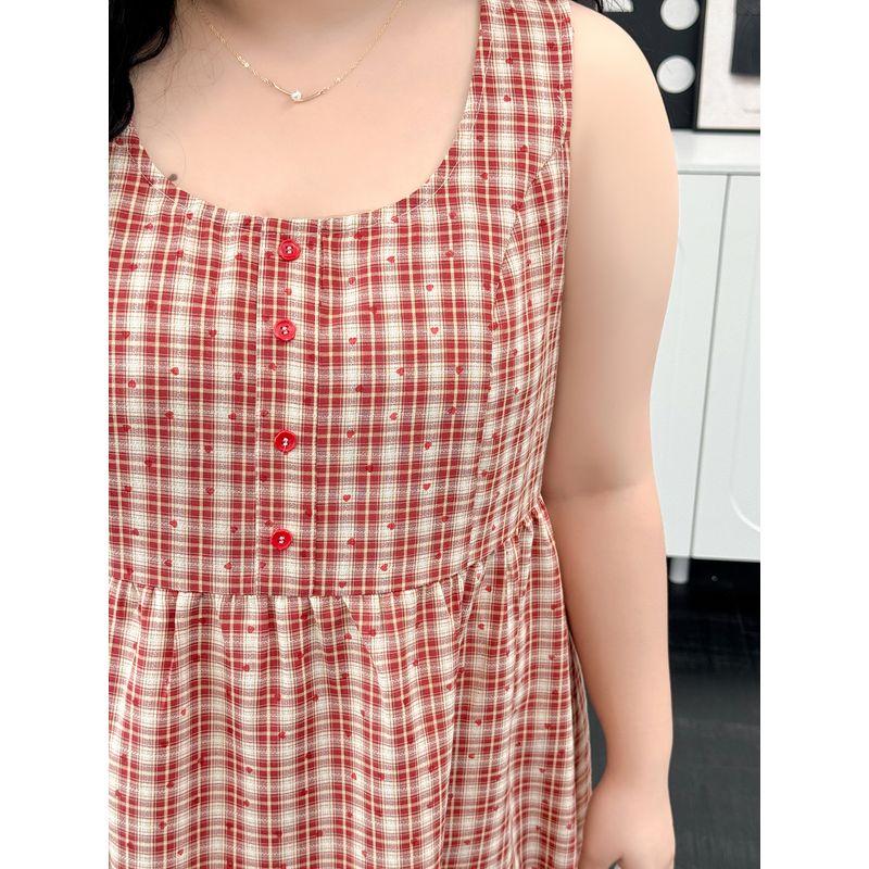 Plus size women clothing [Scotland Island] Chubby Girl Summer Holiday Style Plaid High Waist Meat Covering Loose Vest Dress