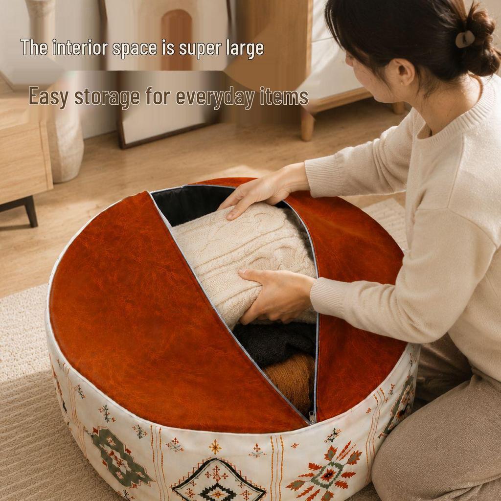 Retro Ethnic Leather Storage Footstool: Round, Multifunctional Shoe Changing Stool for Living Room