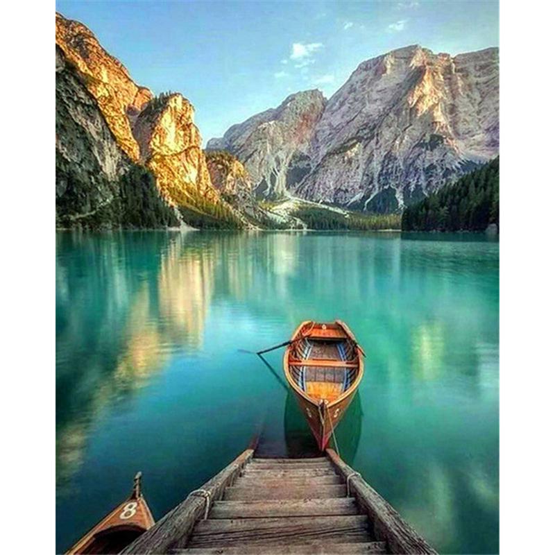 Full Round Drill DIY Diamond Painting Boat Full Round Drill Lake Scenery Embroidery Cross Stitch Home Decor Gift
