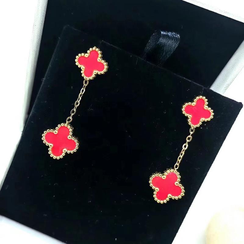 

Чотирилисна конюшина з нержавіючої сталі Двосторонні сережки Розмір Сережки Старший Почуття моди Темперамент Жіночі сережки червоний