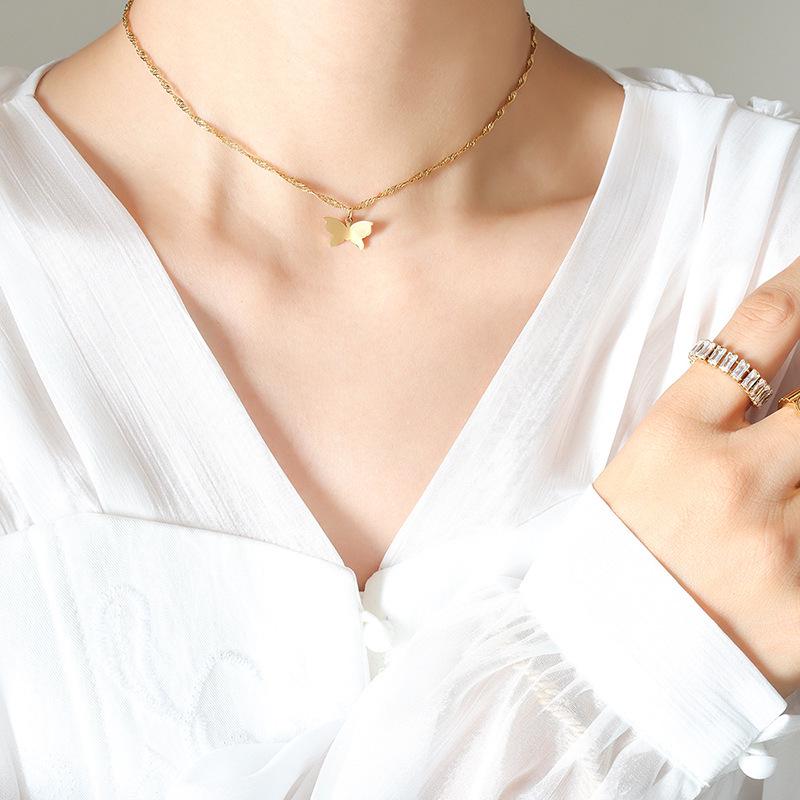 Elegant Fairy Butterfly Gold-Plated Necklace in Titanium Steel - Short Niche Design P736