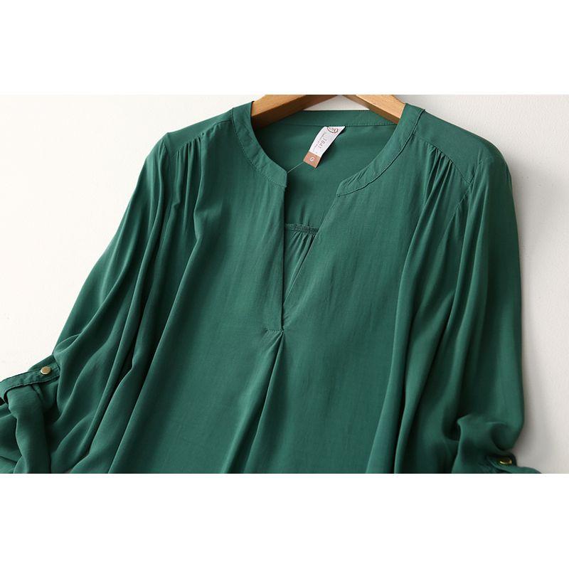 Export Single Minimalist Pure Color Cotton Silk Shirt Women's Summer Ultra-Thin Artificial Cotton Rollable Sleeves V Neck Tops Loose Cool