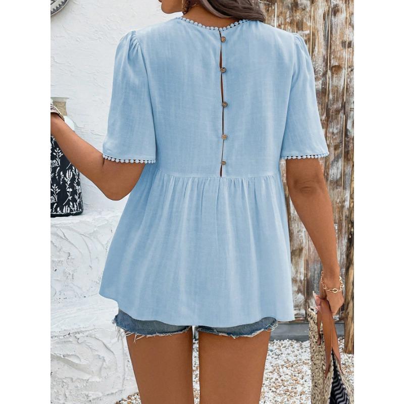 YYFS Women's Fashion Casual Summer Spring Solid Color Print  Short Sleeve O-Neck Blouses & Shirts