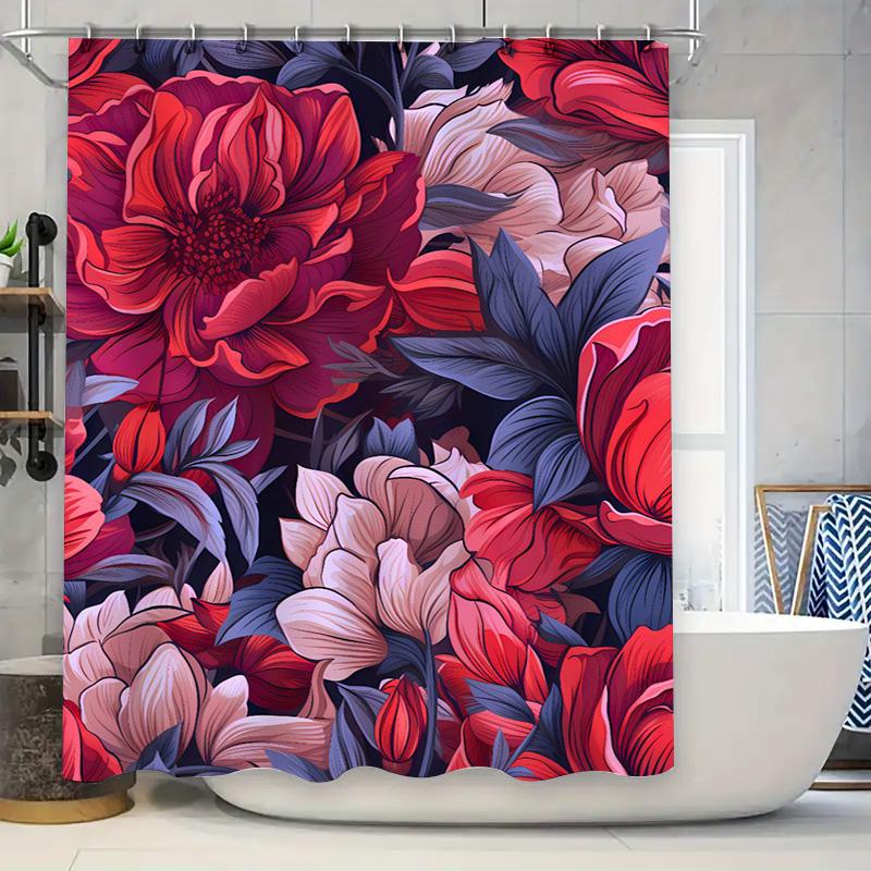 

Vibrant Red Floral Shower Curtain With Dark Purple Accents For Bathroom Decor Modern Bath Mat Set In White W60H190(CM)-1 Pcs