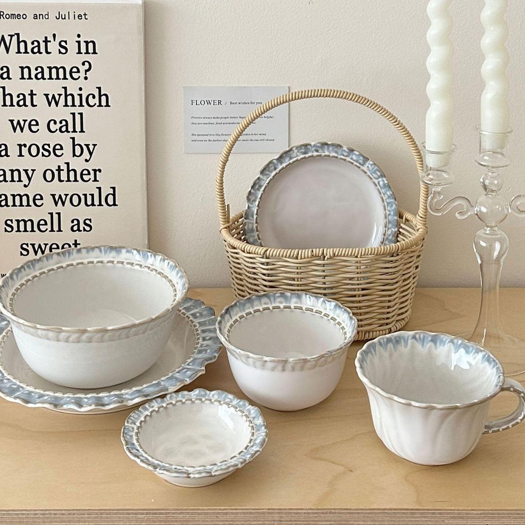 Elegant Ceramic Tableware Set: Underglaze Color Dinner Plates & Yogurt Bowls