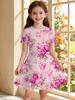 Mädchenkleider Bunt Floral Grafik Print Kurzarmkleid Sommerurlaub Süßes Mädchen Prinzessinnenkleid Mode Freizeitkleidung