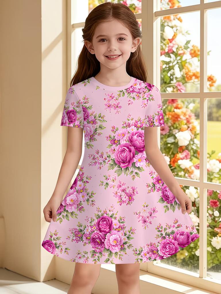 Mädchenkleider Bunt Floral Grafik Print Kurzarmkleid Sommerurlaub Süßes Mädchen Prinzessinnenkleid Mode Freizeitkleidung