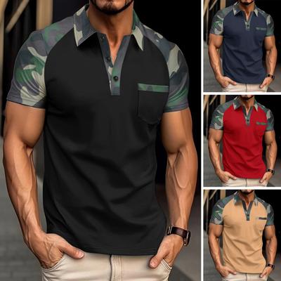 Męskie letnie topy z klapą, z krótkim rękawem, patchworkowe w kolorze kamuflażu, koszulka T-shirt z przednią kieszenią, koszulka outdoorowa