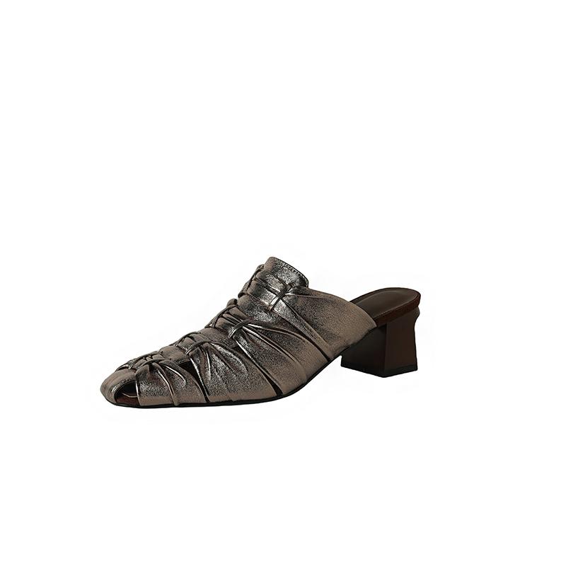 

Мода 2025 Лето Новая Натуральная Кожа Ретро Полу-драг Мюли Женские Женские Высокий Каблук Квадратный Носок Повседневная Обувь Женские Шлепанцы 34 серый