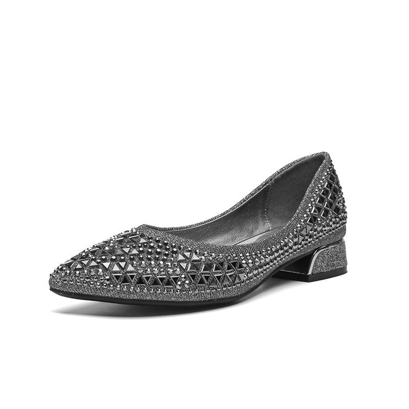 Fashion FHC New Women Rhinestone Flats,Soft Working Shoes,Summer Low Heels,Hollow Out,Slip On,Pointed Toe,Black,Grey,Dropship