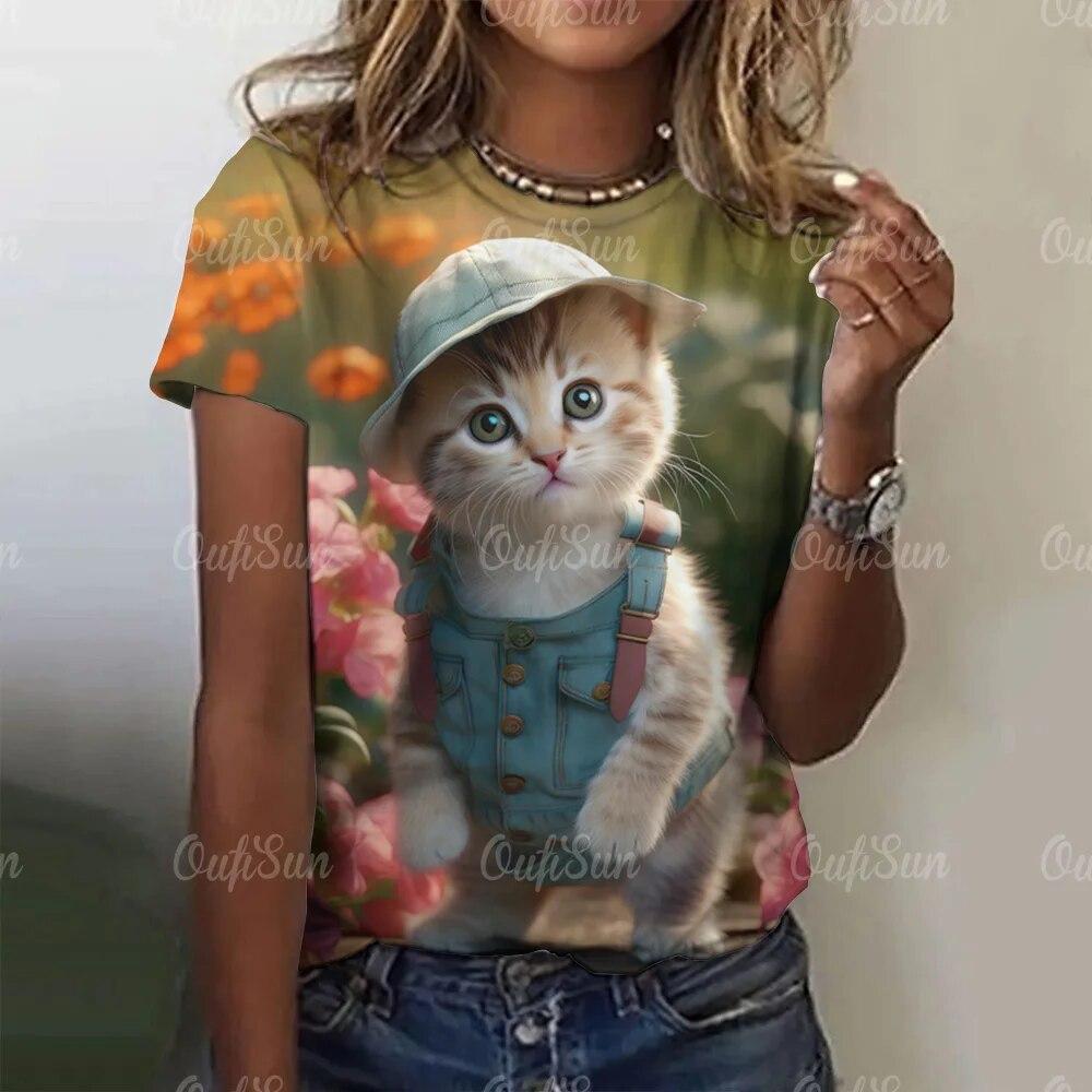 Summer Fashion Women's T-Shirts 3d Cute Cat Print Harajuku T-Shirt Short Sleeve Casual Kawaii Girls Tee Oversized Woman Clothing