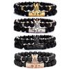 European Micro-Inlaid CZ Crown & Frosted Stone Elastic Bracelet Set for Men & Women