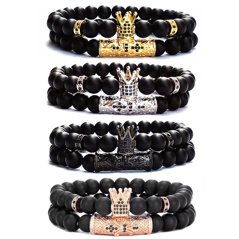 European Micro-Inlaid CZ Crown & Frosted Stone Elastic Bracelet Set for Men & Women