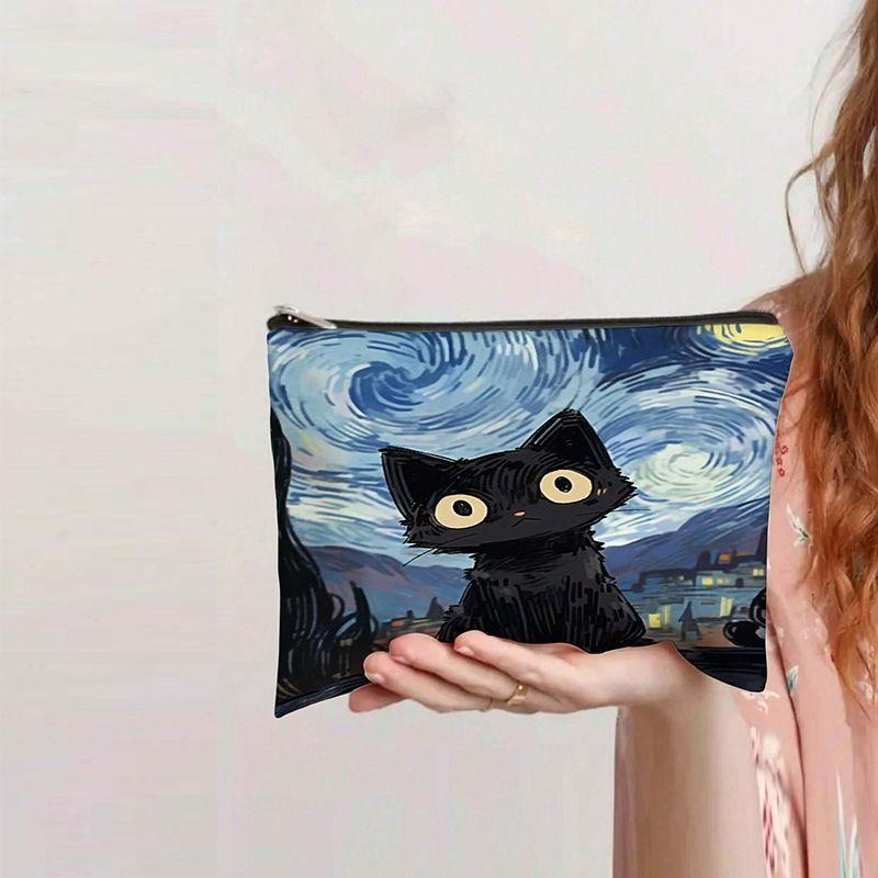 Oil Painting Cat Printing Can Store Bags, Outdoor Multifunctional Portable Cosmetic Bags, Daily Matching Clutches
