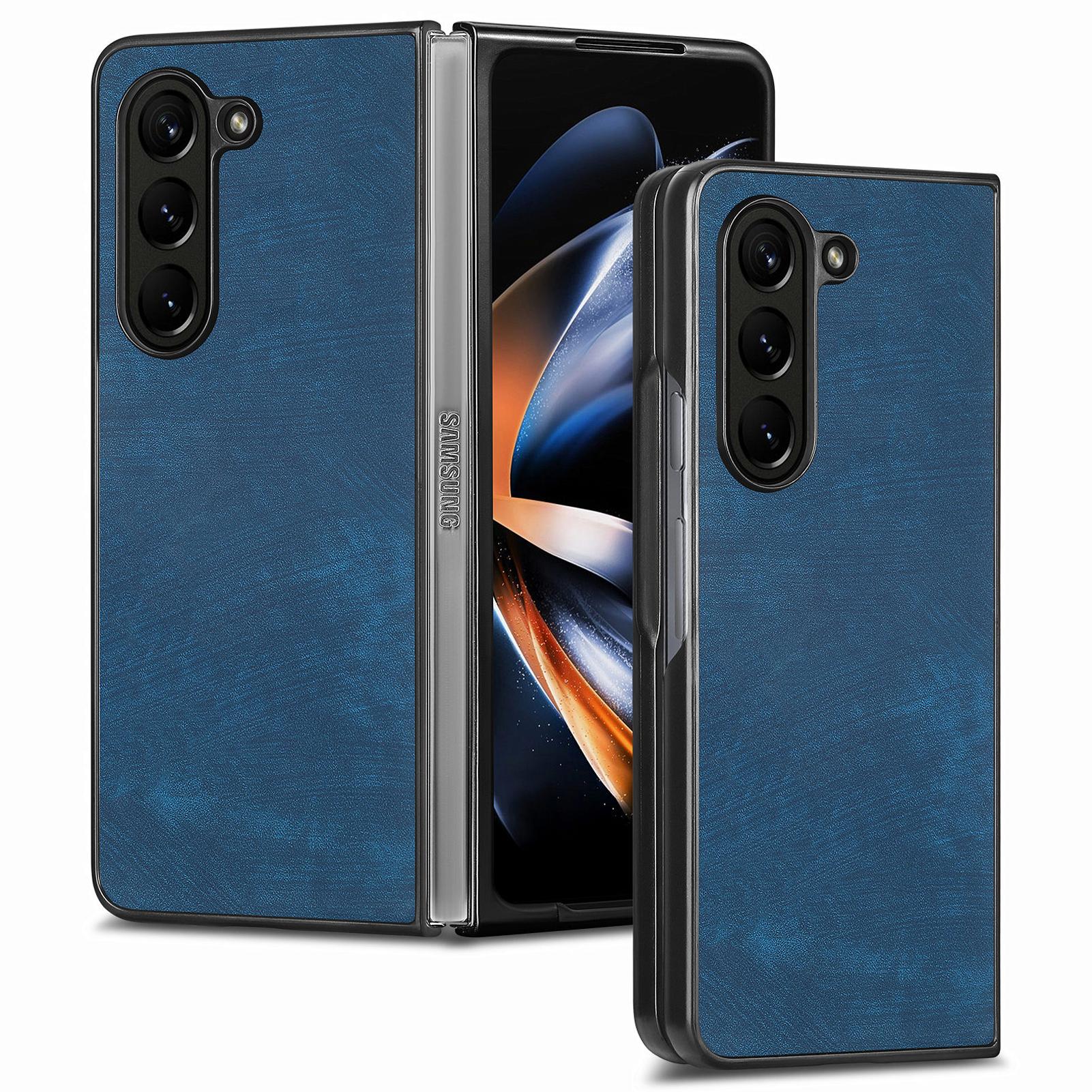 

For Samsung Galaxy Z Fold6 5G Case Retro PU Leather Coated PC Folding Phone Cover Blue